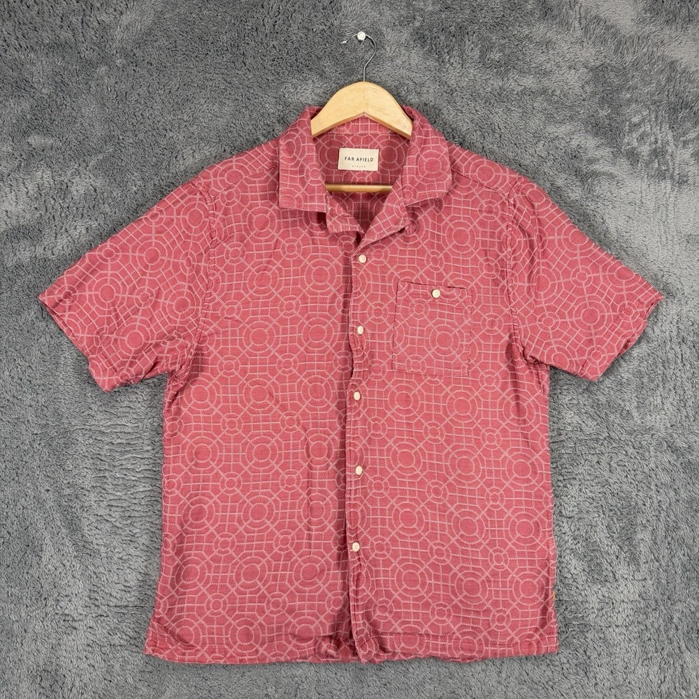 Far Afield Shirt Mens 3‎ Large Pink Geometric 100% Cotton Loop Collar Pocket